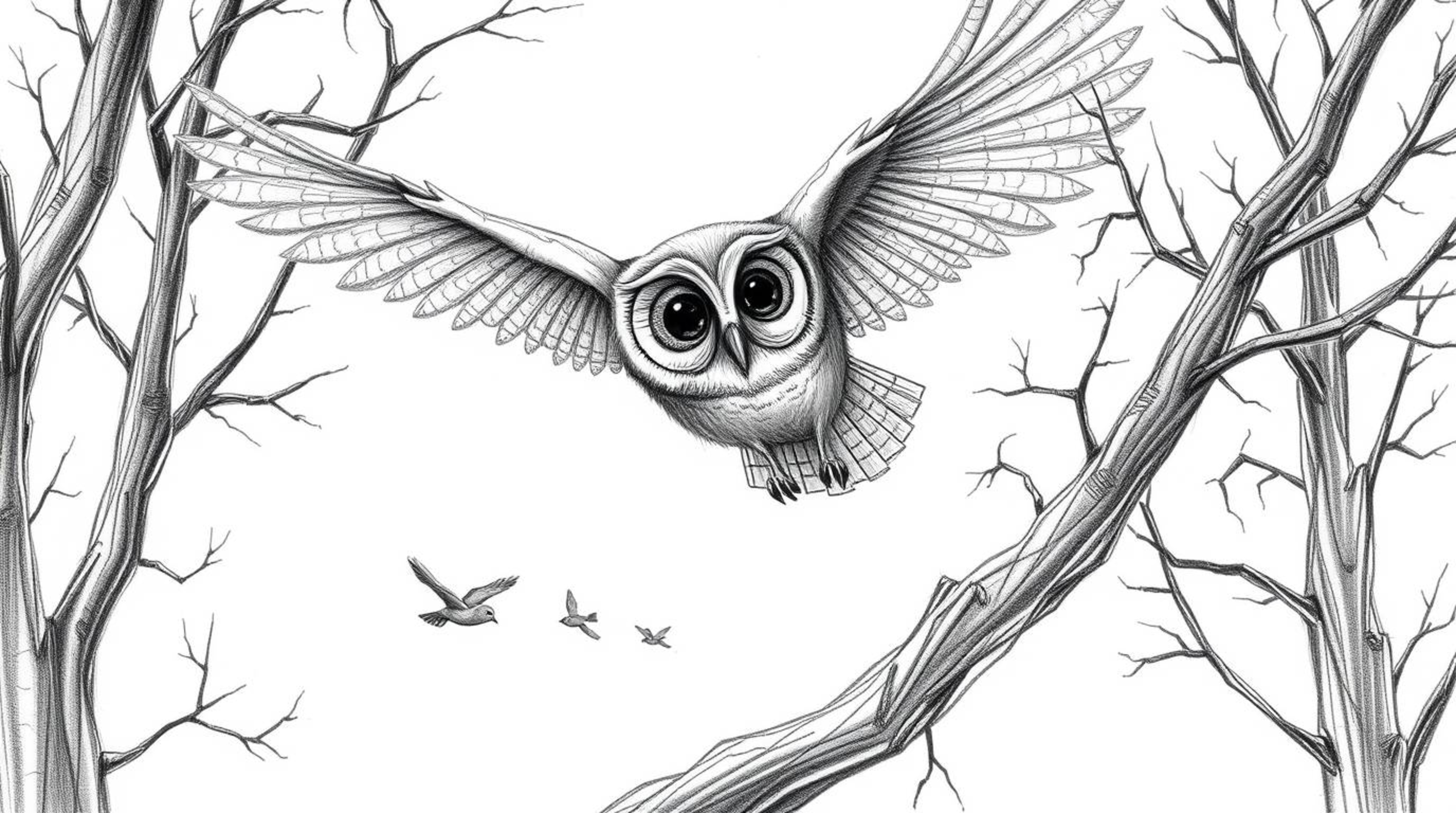 A textured pencil sketch in a Pixar-esque style depicts a blind owl with large, expressive eyes gracefully gliding through th