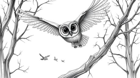 A textured pencil sketch in a Pixar-esque style depicts a blind owl with large, expressive eyes gracefully gliding through th