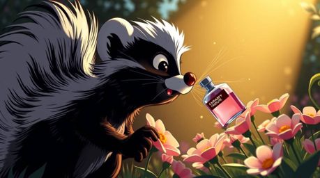 A whimsical cartoon image depicts a skunk playfully spraying perfume onto flowers from a low angle, creating a captivating an