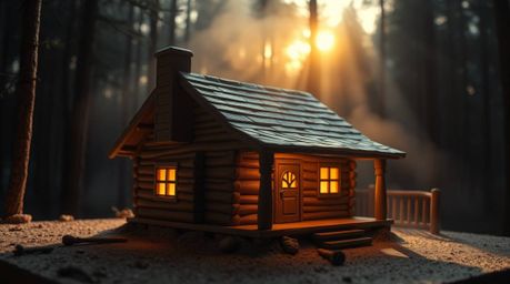 This image showcases a sculptural clay model of an elegant, old wooden cabin bathed in the warm glow of a sunset in a sun-dre