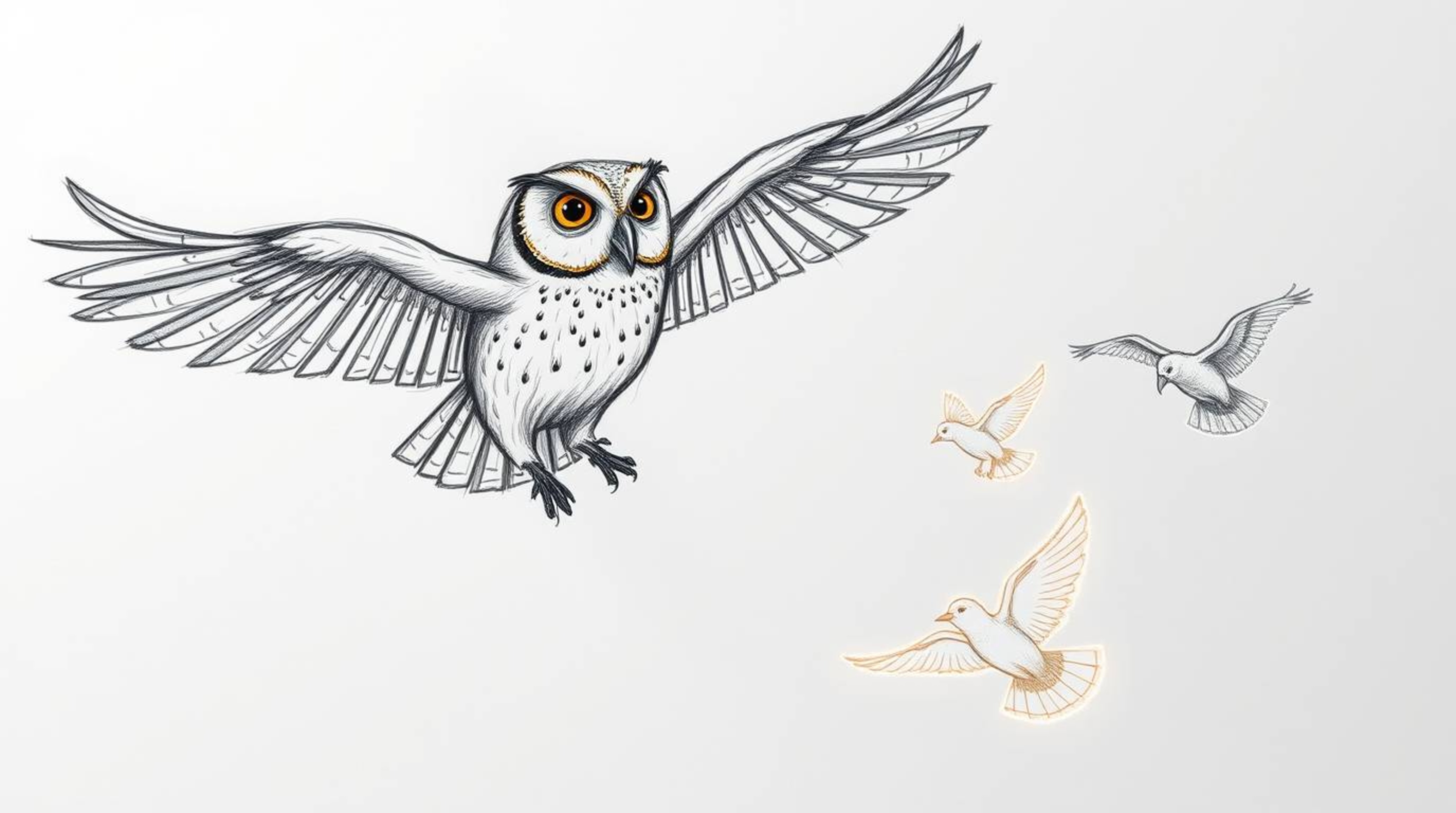 A heartwarming Pixar-style image of a blind owl soaring through the air, guiding a flock of birds to fly. The scene is render