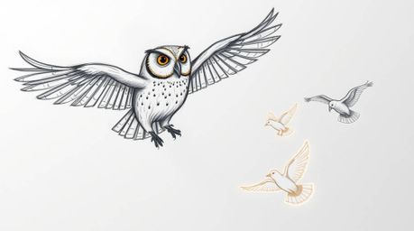 A heartwarming Pixar-style image of a blind owl soaring through the air, guiding a flock of birds to fly. The scene is render