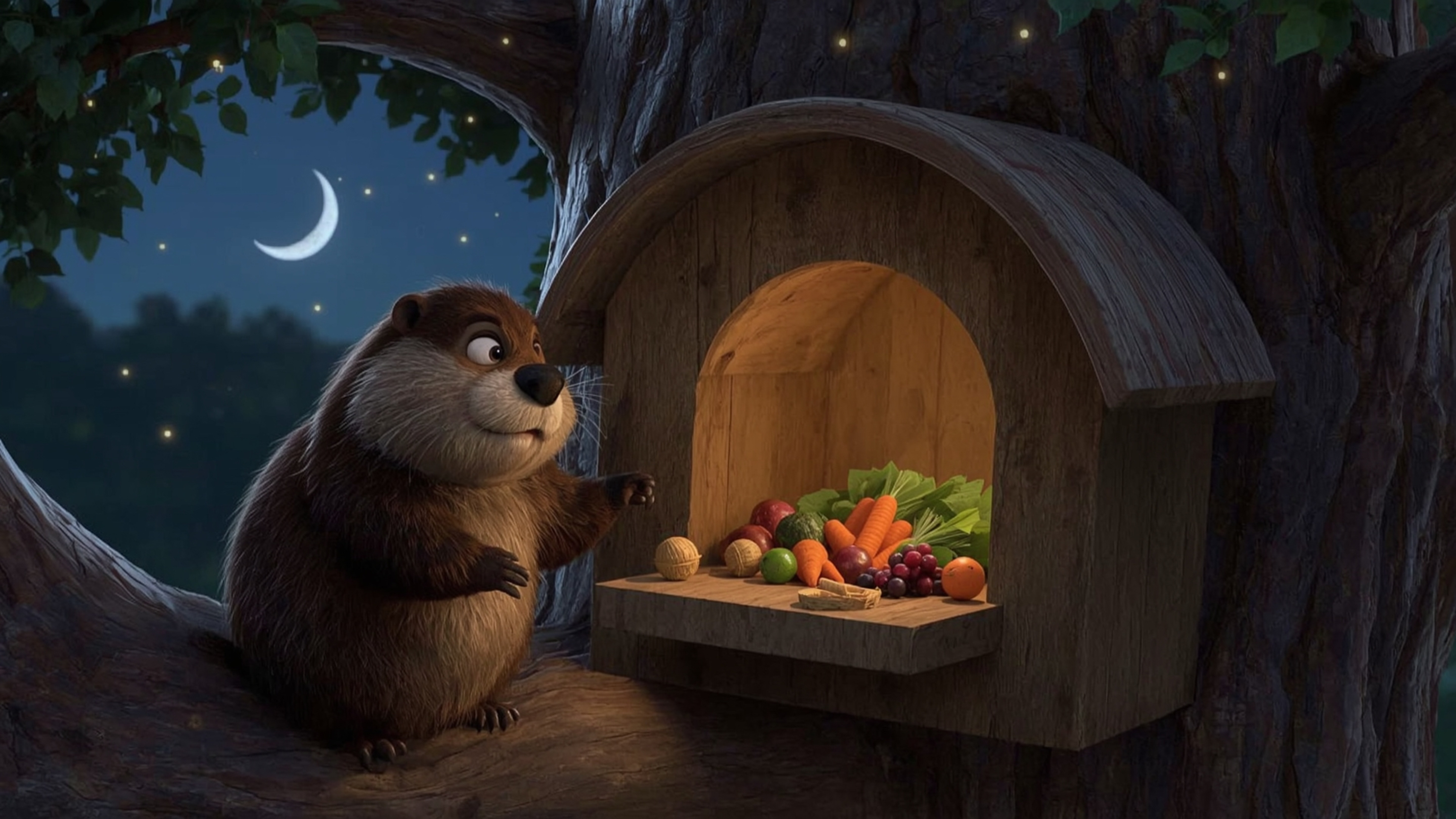 A high-resolution, commercially-ready stock photo, in a whimsical style reminiscent of Pixar, shows a beaver diligently const