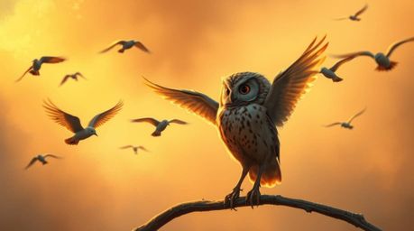 A heartwarming scene depicting a blind owl, rendered in a charming Pixar style, is found teaching birds how to fly amidst a m