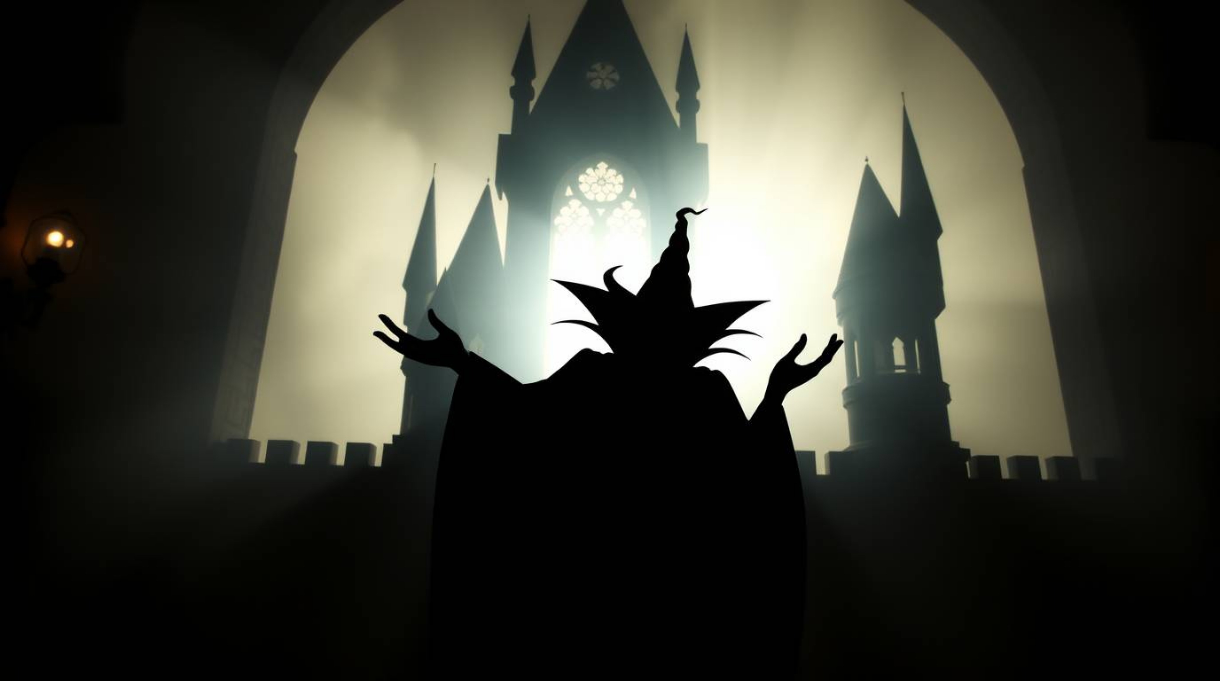 A classic Disney villain casts a spell within the aged walls of an old castle. Silhouetted against a soft, dreamy backdrop,