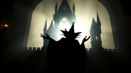 A classic Disney villain casts a spell within the aged walls of an old castle. Silhouetted against a soft, dreamy backdrop,