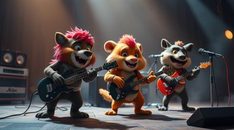 A vibrant and captivating scene featuring a band of cartoon animals passionately playing rock music. The image boasts cinemat