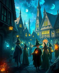 This captivating digital painting transports viewers to a magical school brimming with young wizards, brought to life with vi