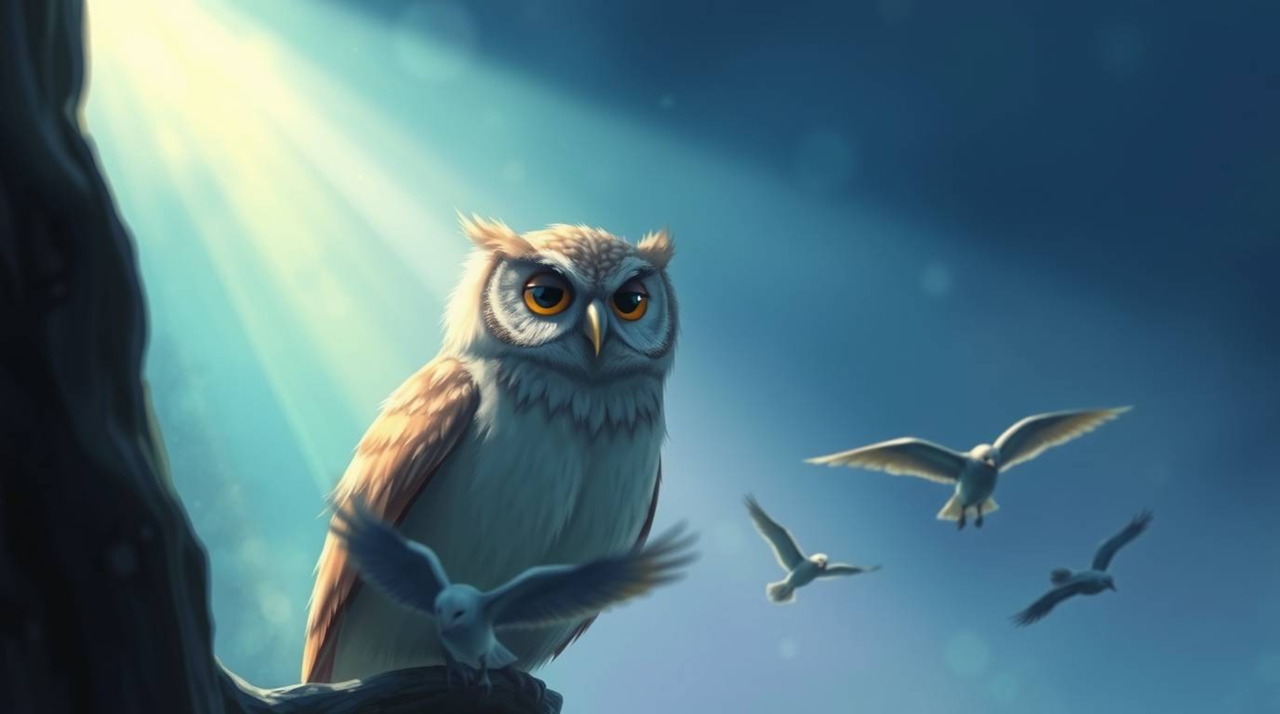 This soft and painterly photographic illustration captures a wise, blind owl, rendered in a charming Pixar style, with a sere