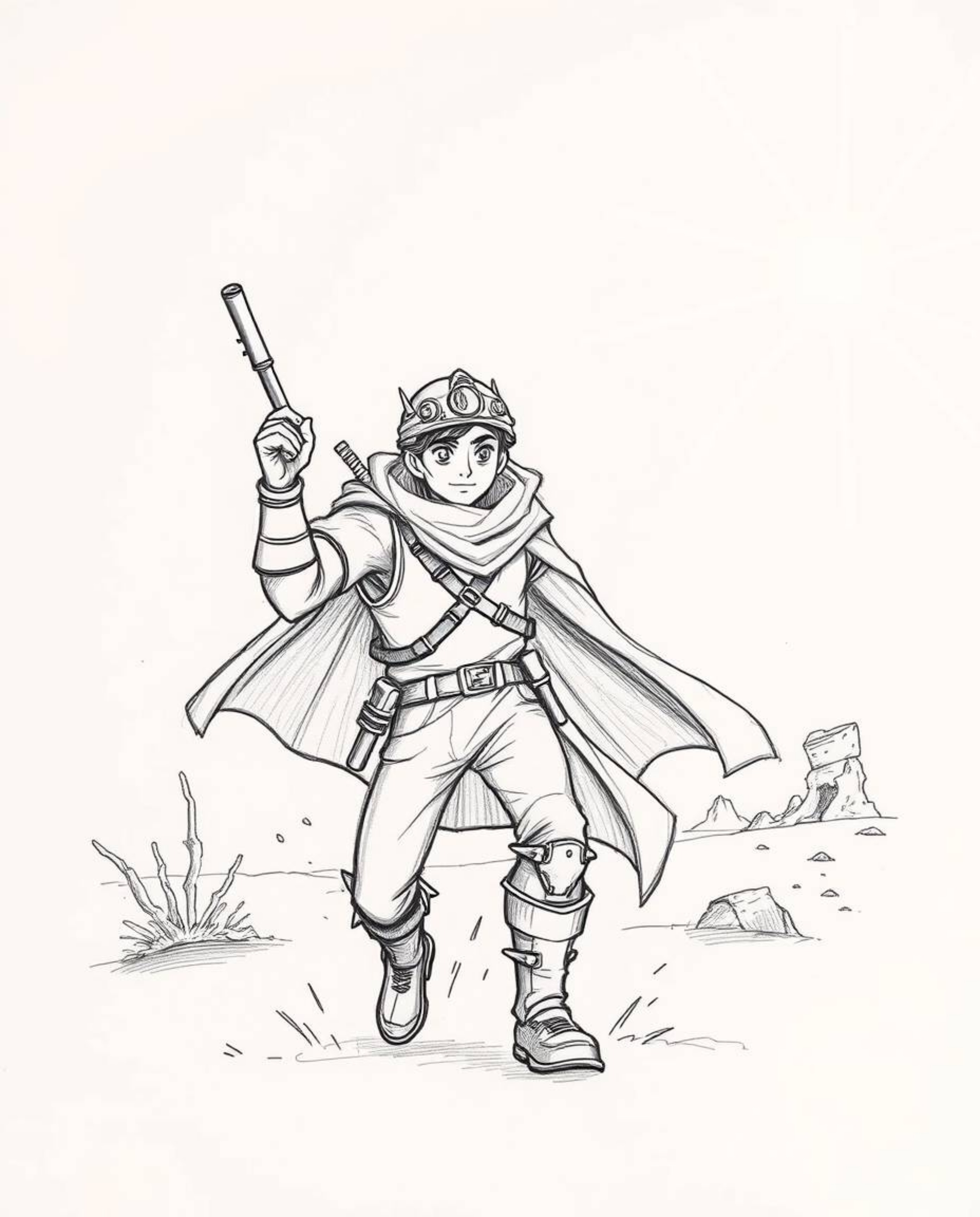 A captivating hand-drawn sketch showcases a brave Disney-style hero embarking on an epic, futuristic desert adventure. The r