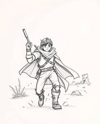 A captivating hand-drawn sketch showcases a brave Disney-style hero embarking on an epic, futuristic desert adventure. The r