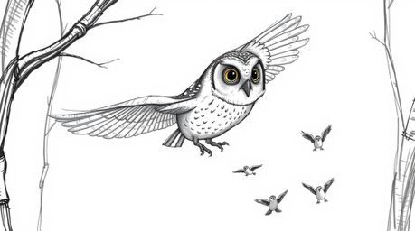 A charming hand-drawn illustration in the style of Pixar depicts a blind owl gracefully gliding between trees.  Its rough lin