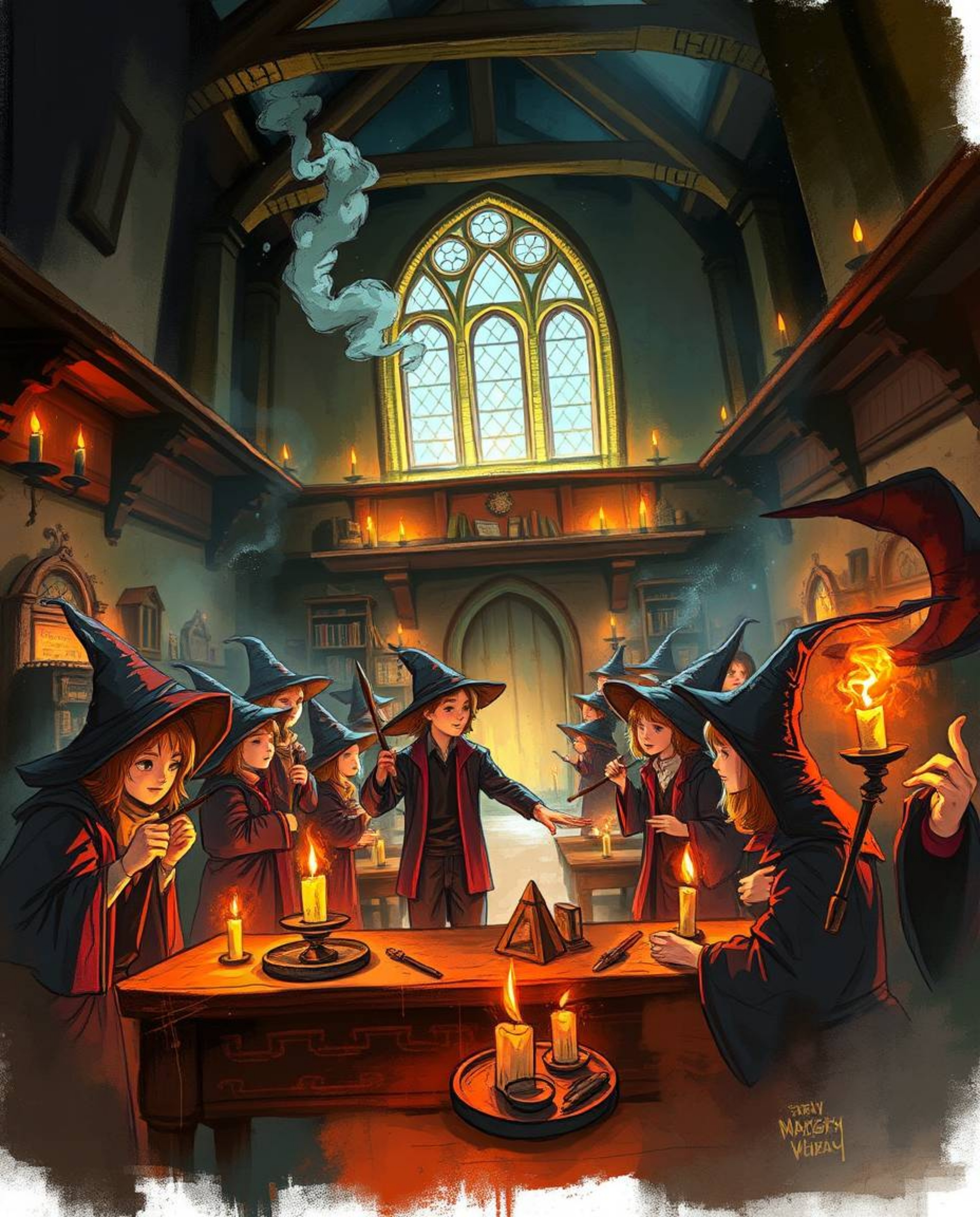 A captivating digital sketch depicts a magical school brimming with young wizards.  The artwork features loose painterly stro