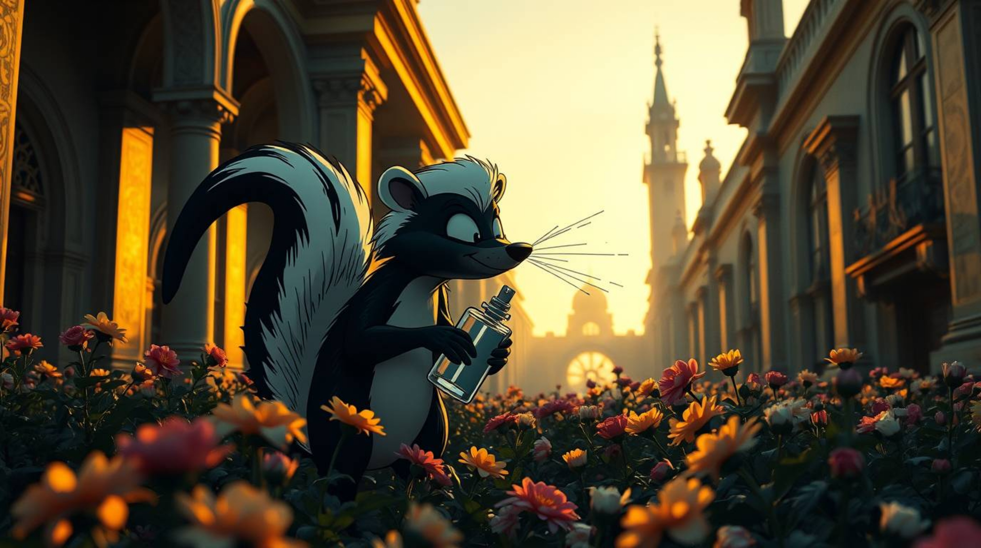 An architectural color photograph capturing a cartoon skunk spraying perfume on flowers in an eerie, creepy atmosphere, bathe