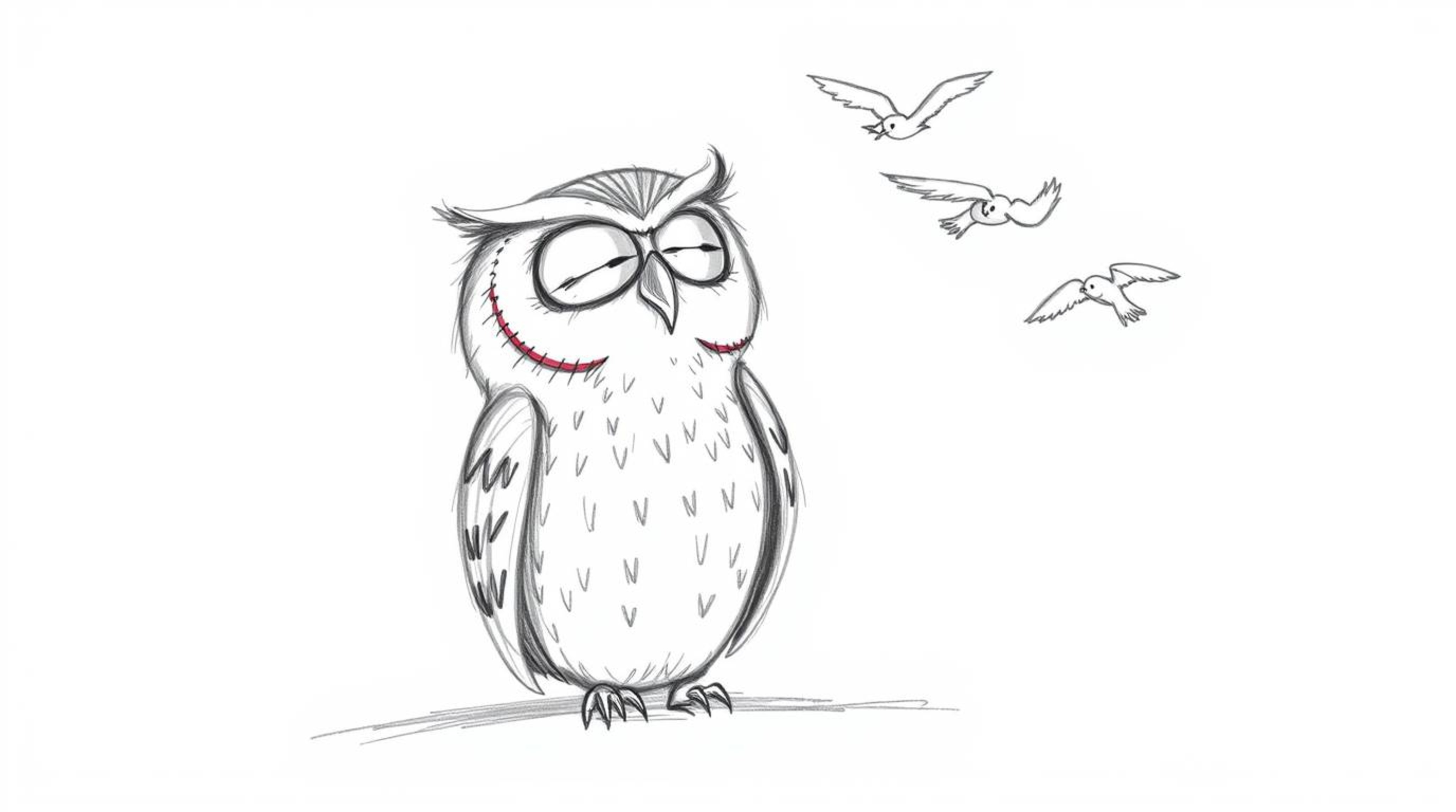 A heartwarming hand-drawn sketch in the style of Pixar depicts a wise, blind owl with gentle features calmly guiding young bi