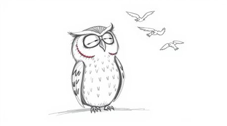 A heartwarming hand-drawn sketch in the style of Pixar depicts a wise, blind owl with gentle features calmly guiding young bi