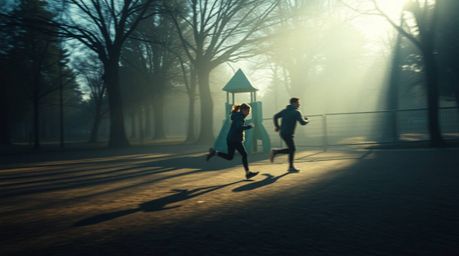 A dramatic slow-motion video captures a run through a playground, bathed in a unique contrast of harsh shadows and soft, hazy