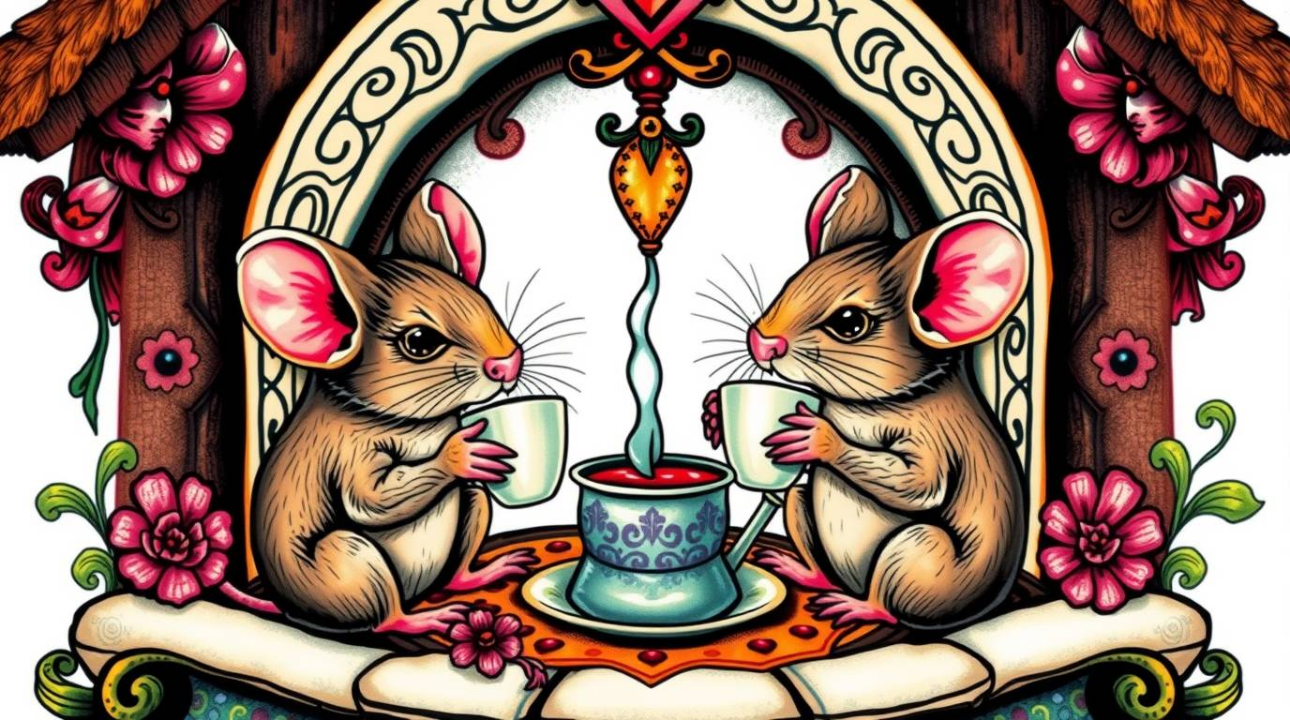 This art print depicts a whimsical scene of anthropomorphic mice enjoying a delightful tea party within the comforting walls 