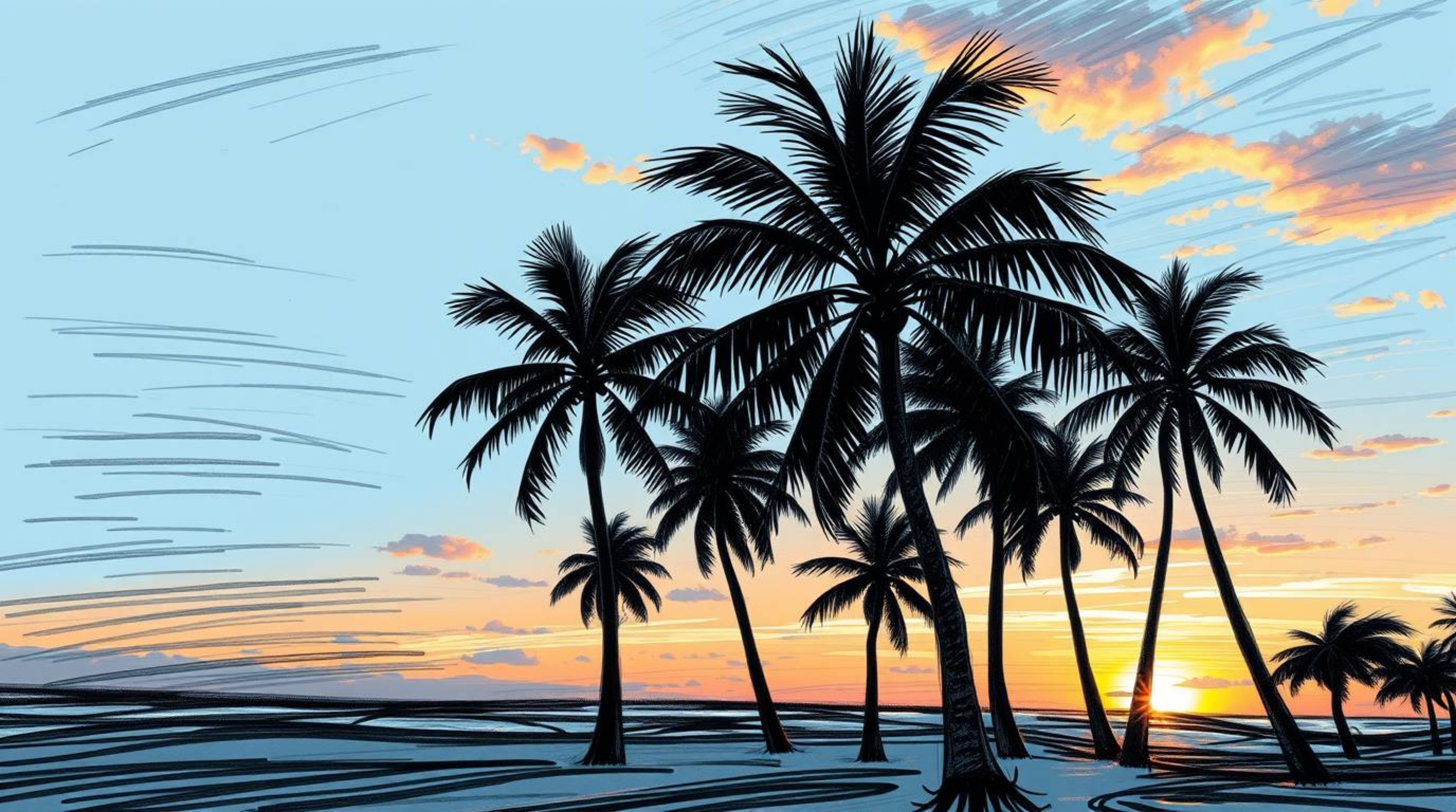 Experience the vibrant energy of a tropical beach sunset captured in a dynamic, hand-drawn sketchnote style. This illustratio