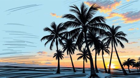 Experience the vibrant energy of a tropical beach sunset captured in a dynamic, hand-drawn sketchnote style. This illustratio