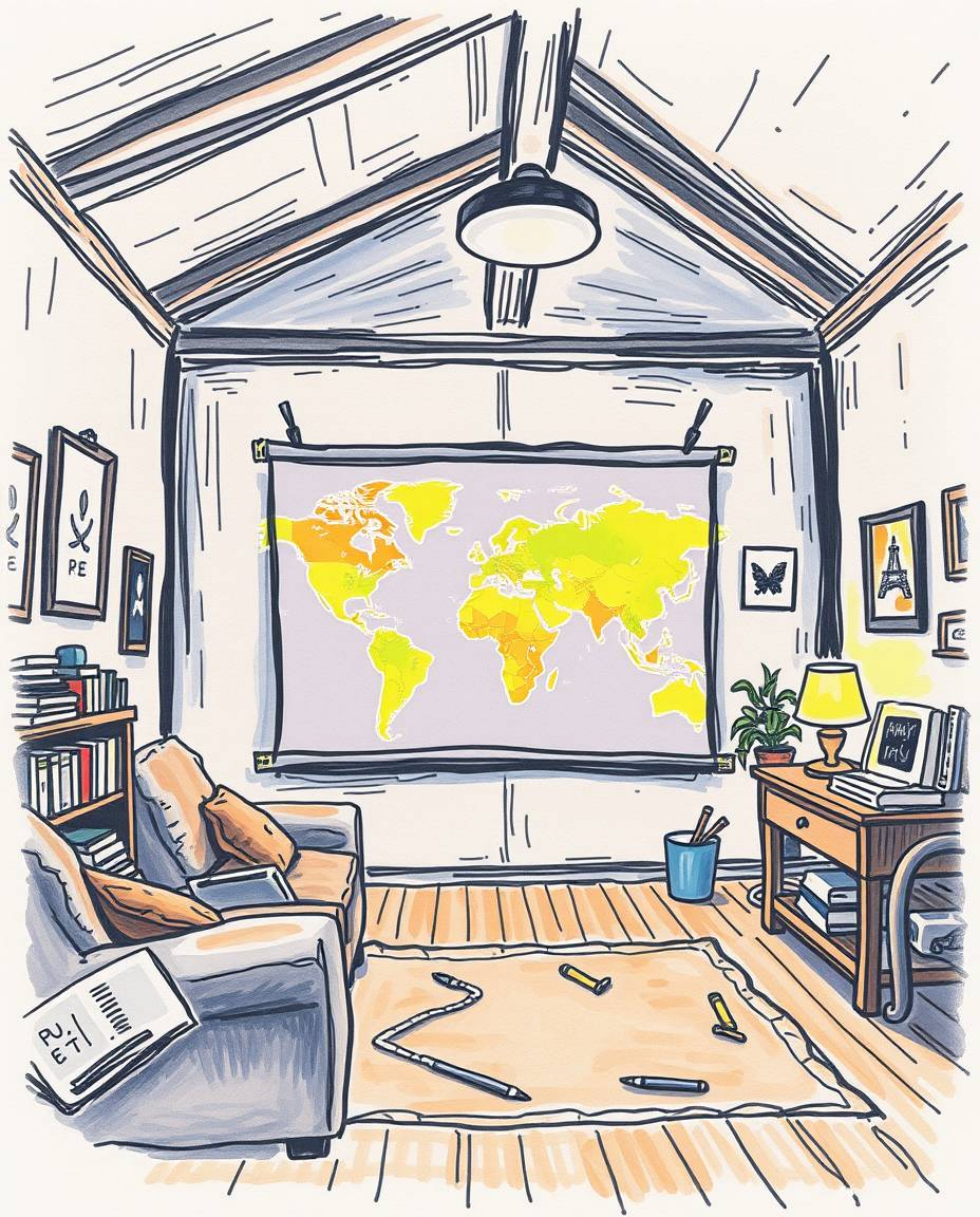 A captivating hand-drawn sketchnote depicts a glowing map projected onto a wall within a dimly lit, old study.  The image evo