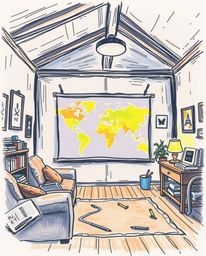 A captivating hand-drawn sketchnote depicts a glowing map projected onto a wall within a dimly lit, old study.  The image evo