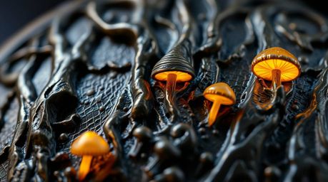 An extreme macro close-up reveals the intricate detail of a cast bronze sculpture depicting a vintage-style enchanted forest.