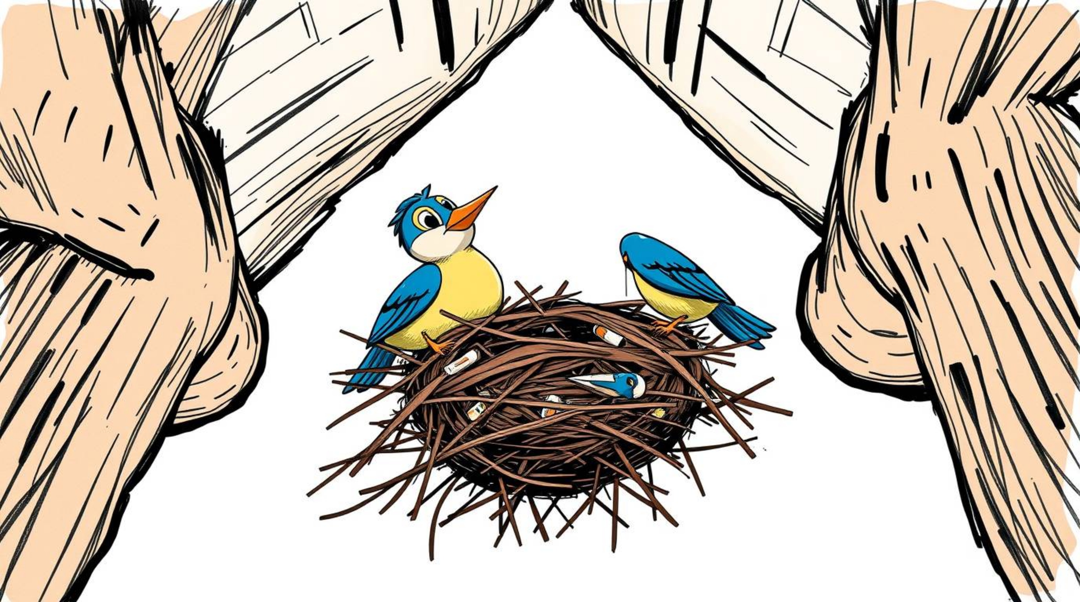 A captivating hand-drawn sketch showcases two cartoon birds diligently constructing a nest, rendered in a classic animation s