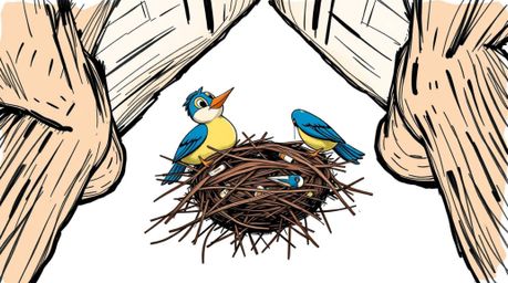 A captivating hand-drawn sketch showcases two cartoon birds diligently constructing a nest, rendered in a classic animation s