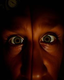An extreme macro close-up photograph showcasing a pair of eyes distinctly split into two sections, watching intently from the