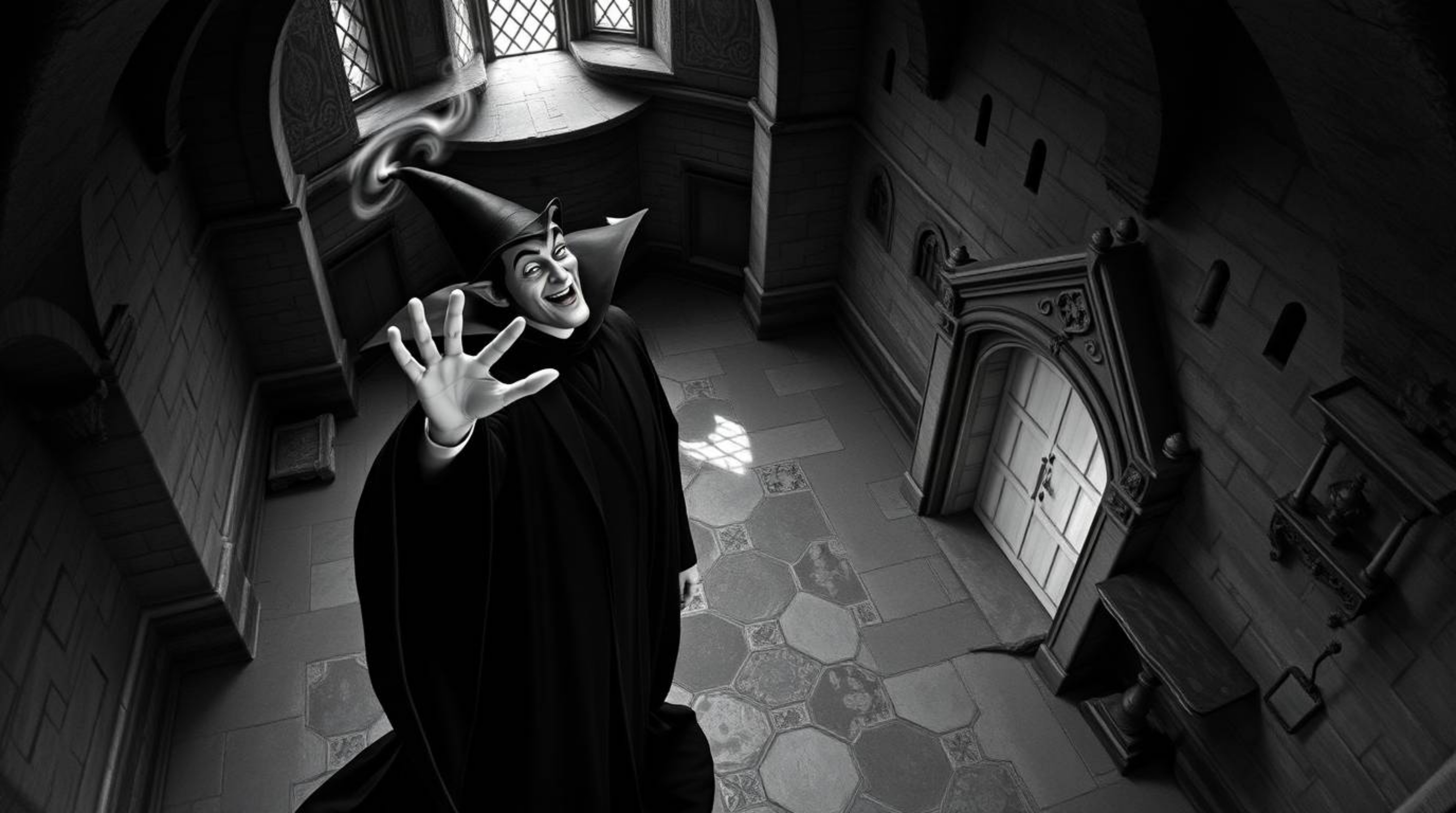 A captivating high-angle, black and white photograph showcases a classic Disney villain dramatically casting a spell within t