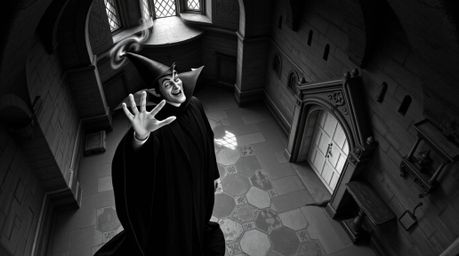 A captivating high-angle, black and white photograph showcases a classic Disney villain dramatically casting a spell within t