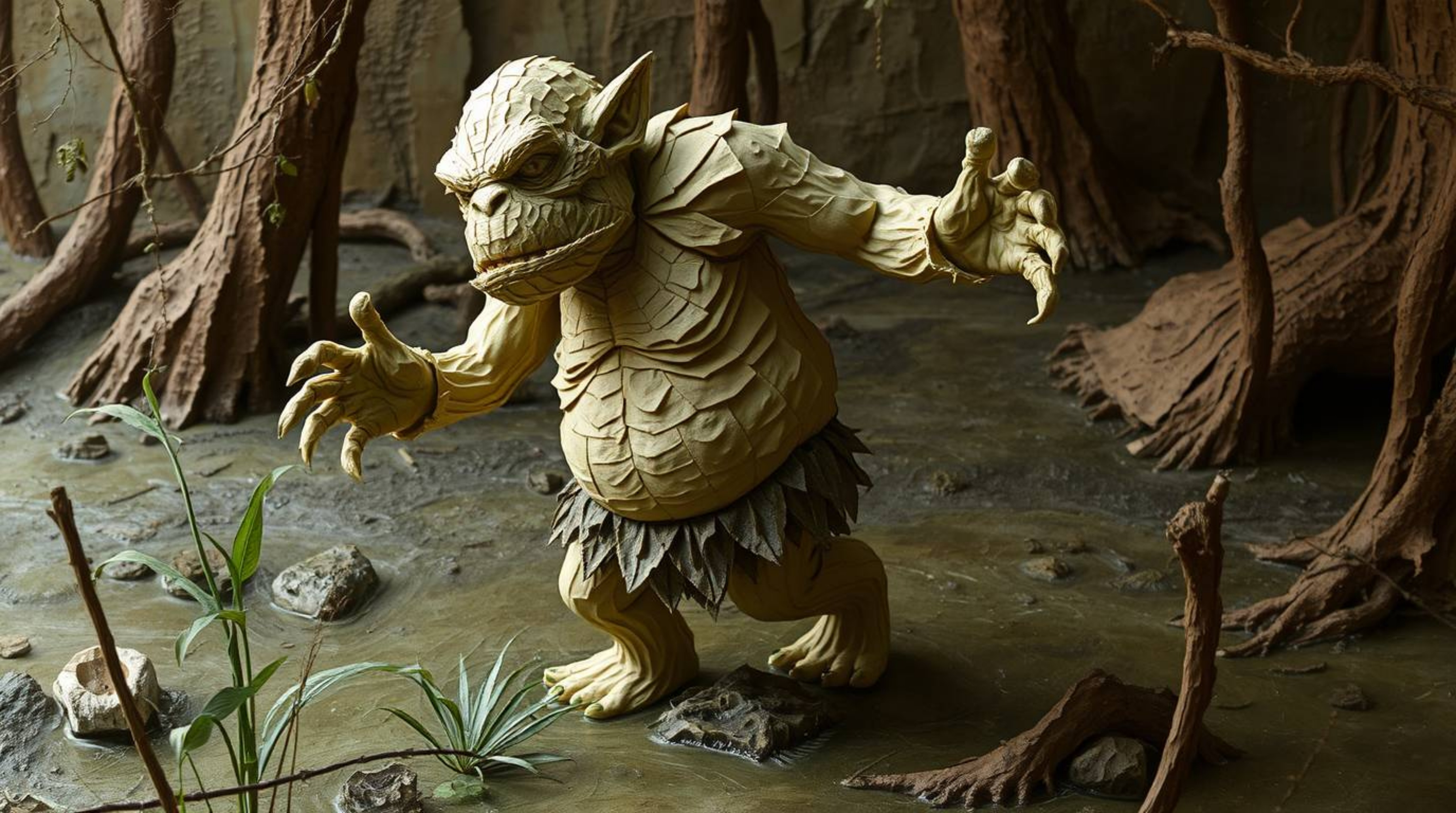 A captivating image depicting a layered papier-mâché ogre engaged in a spirited dance within a swampy environment.  The artwo