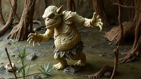 A captivating image depicting a layered papier-mâché ogre engaged in a spirited dance within a swampy environment.  The artwo