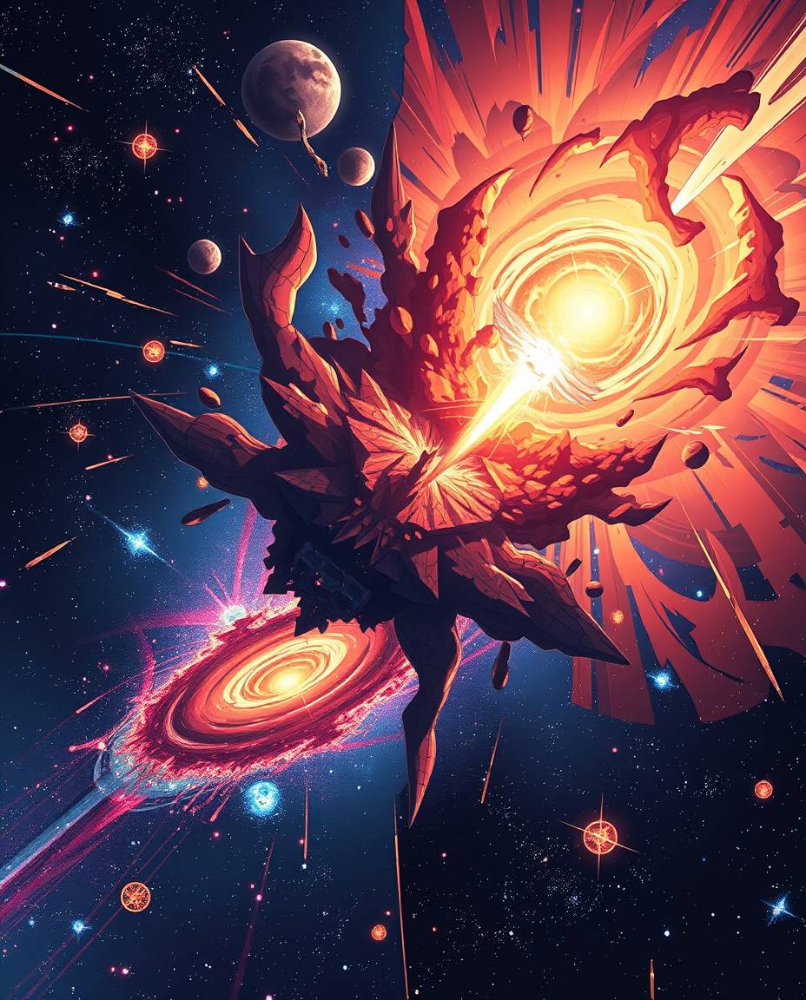 A distinct split-screen isekai anime style artwork depicting colliding galaxies in a vibrant cosmic explosion.  The expressiv