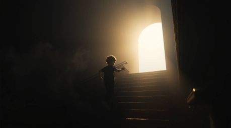 A captivating image featuring a lone, adorable figure ascending a stone staircase illuminated by a divine light beam amidst a