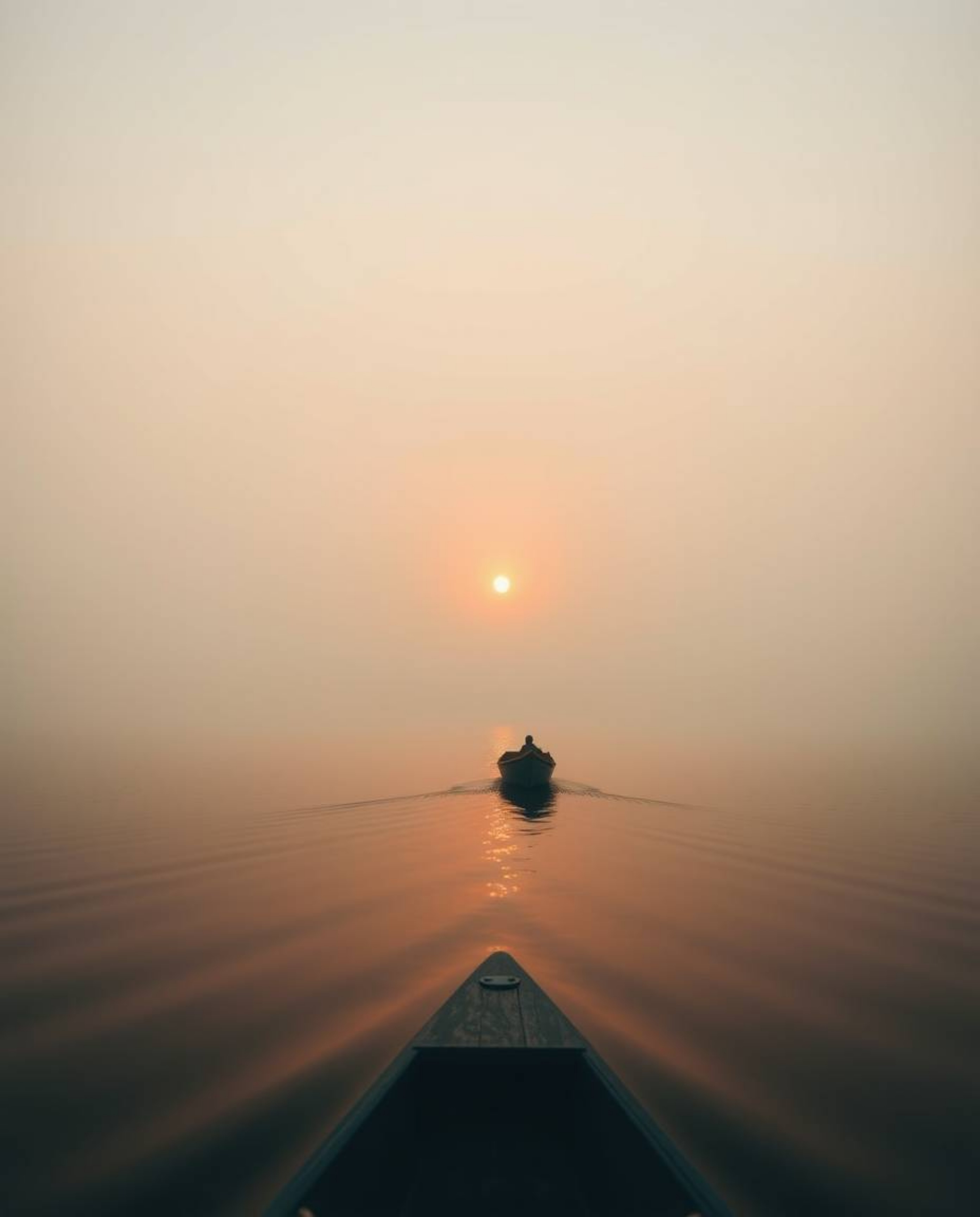 A boat drifts on a lake at sunset, captured in a beautiful cinematic style. The scene is bathed in a unique palette of warm t
