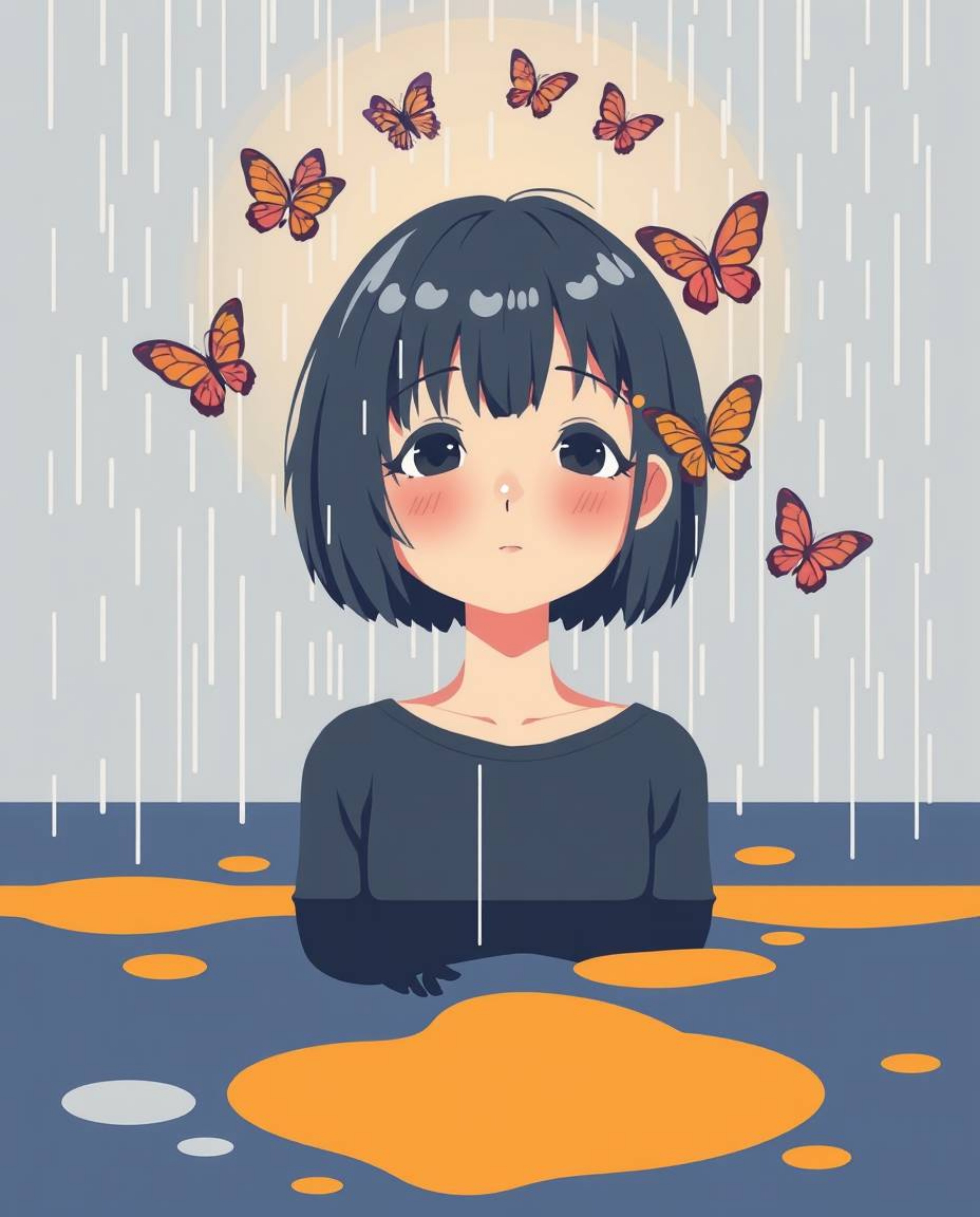 A captivating modern flat design showcasing a girl with short hair releasing butterflies into a split wet rainy scene. The ar