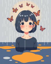 A captivating modern flat design showcasing a girl with short hair releasing butterflies into a split wet rainy scene. The ar
