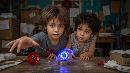 In a vibrant, high-contrast, cinematic photograph with a whimsical Pixar-inspired atmosphere, two enthusiastic science fair s