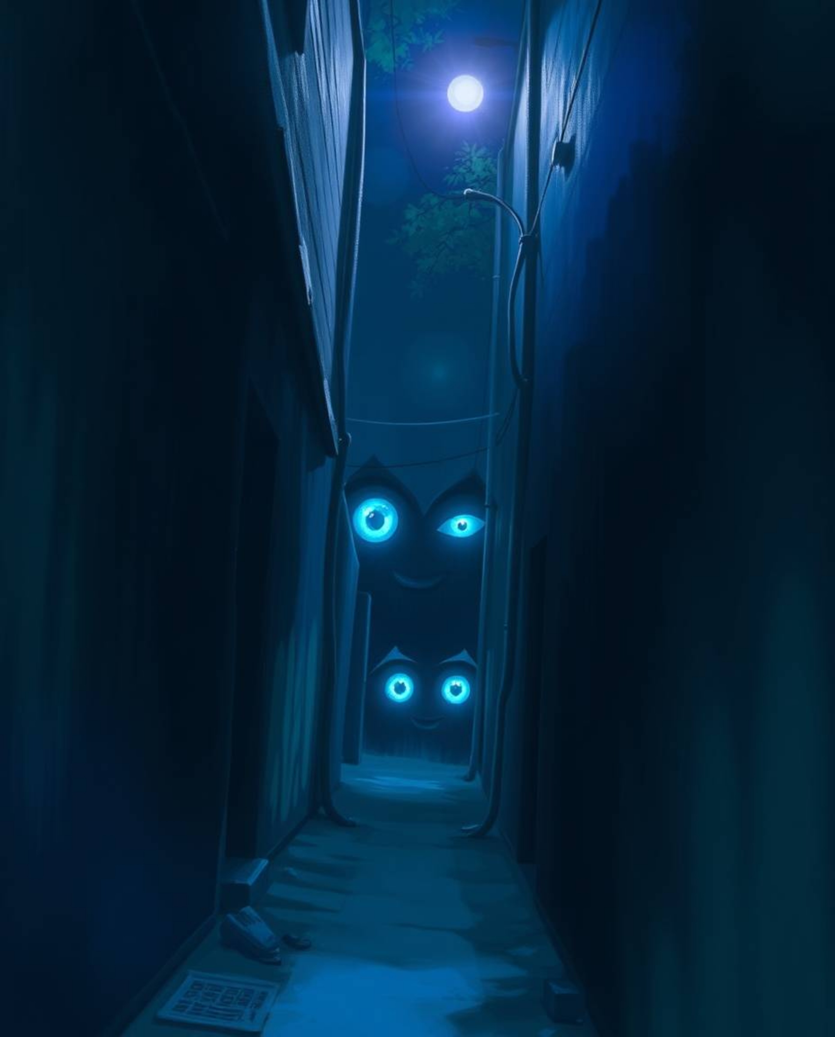 A captivating digital painting showcasing bioluminescent eyes intensely peering from the depths of a shadowy alley at night. 