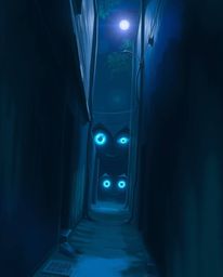 A captivating digital painting showcasing bioluminescent eyes intensely peering from the depths of a shadowy alley at night. 