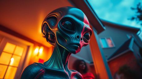 Experience a surreal scene with a low angle perspective showcasing an alien with bioluminescent markings residing within a ty
