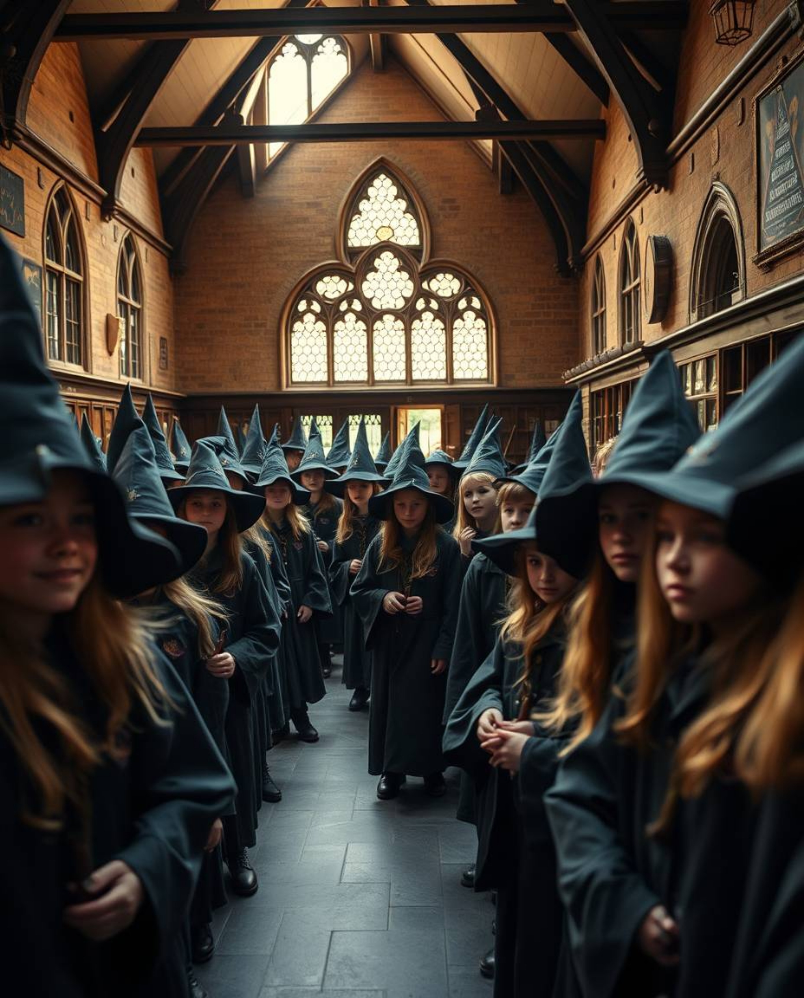 A magical school teeming with young wizards is captured in this unusual and original fine art style professional photograph.