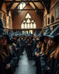 A magical school teeming with young wizards is captured in this unusual and original fine art style professional photograph.
