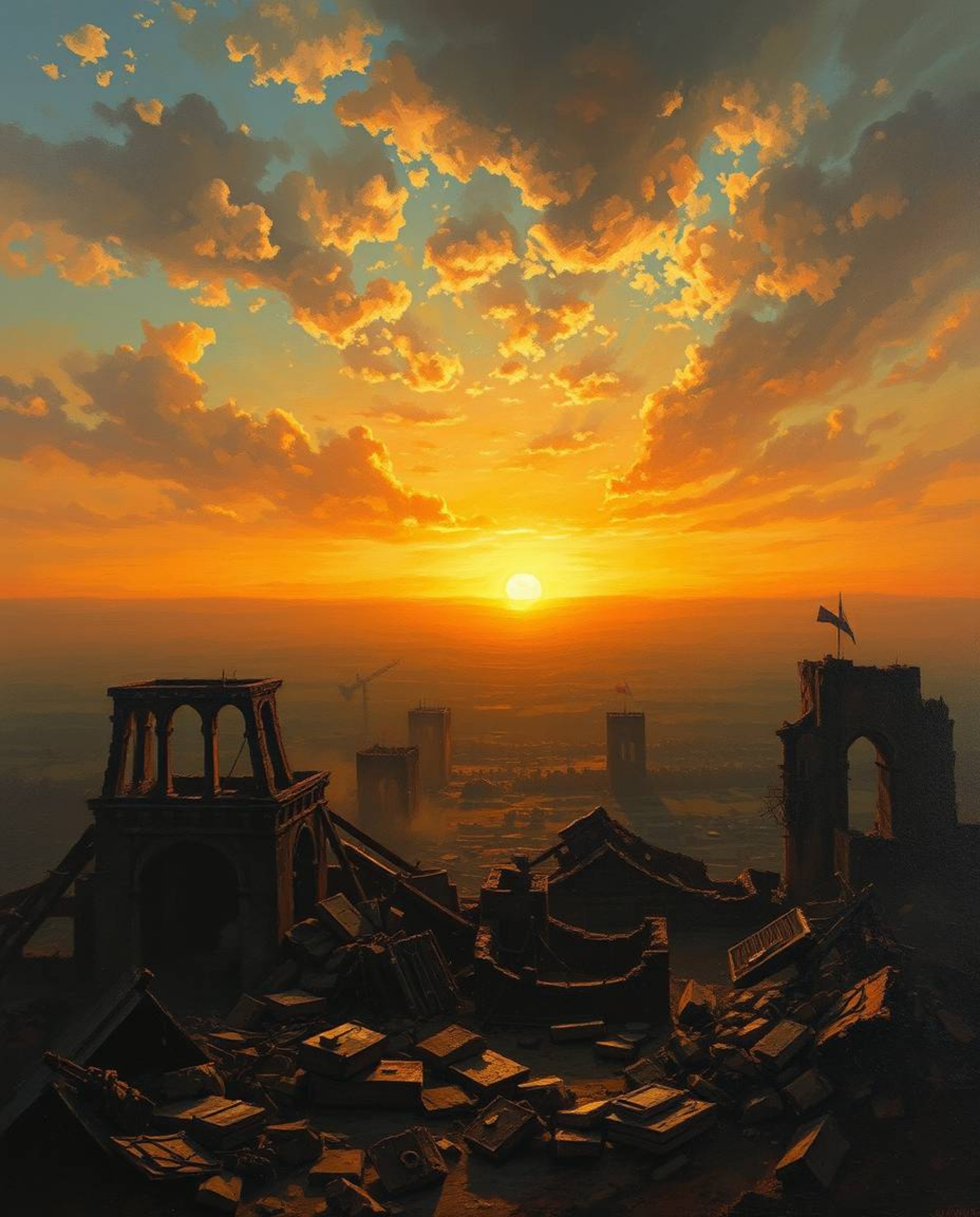 A captivating classic oil painting depicts a sunrise over a war-torn landscape.  Rich textures and visible brushstrokes creat