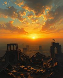 A captivating classic oil painting depicts a sunrise over a war-torn landscape.  Rich textures and visible brushstrokes creat