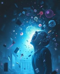 Explore a dreamlike and surreal image depicting a person's scream as their world dramatically shatters into pixels. Featuring