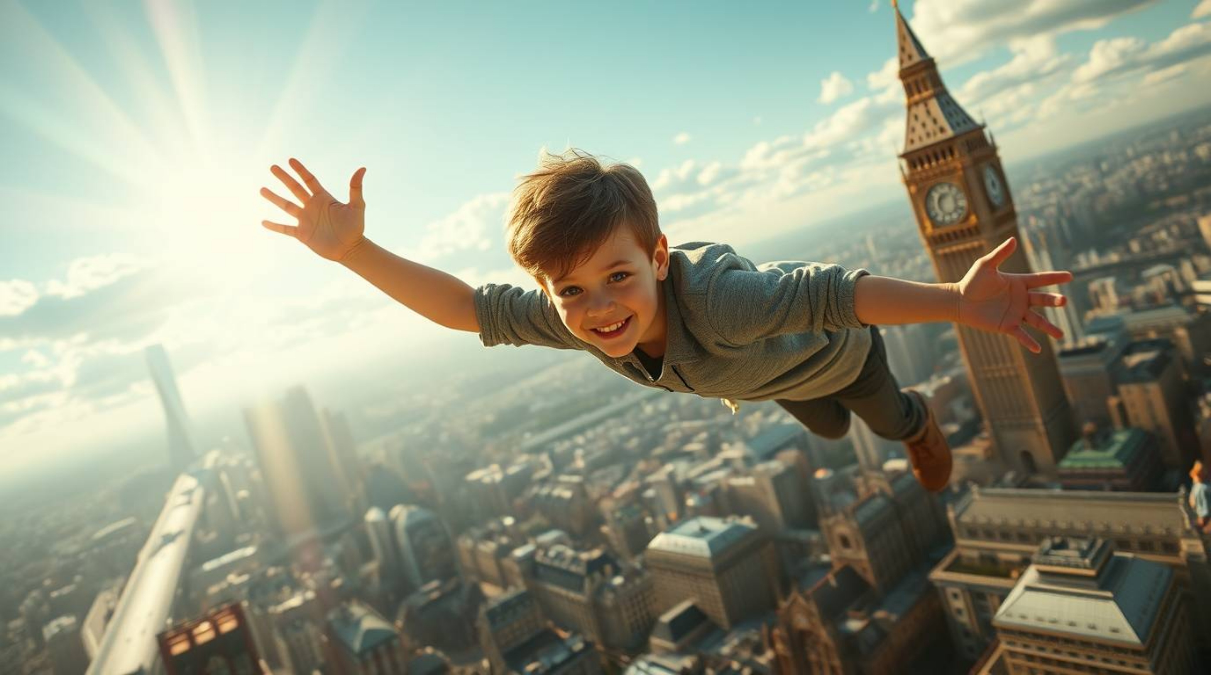 A vibrant and heroic depiction of a young boy with light skin soaring above a grand and epic London cityscape, powered by pix