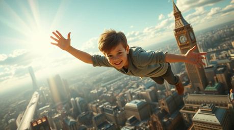 A vibrant and heroic depiction of a young boy with light skin soaring above a grand and epic London cityscape, powered by pix